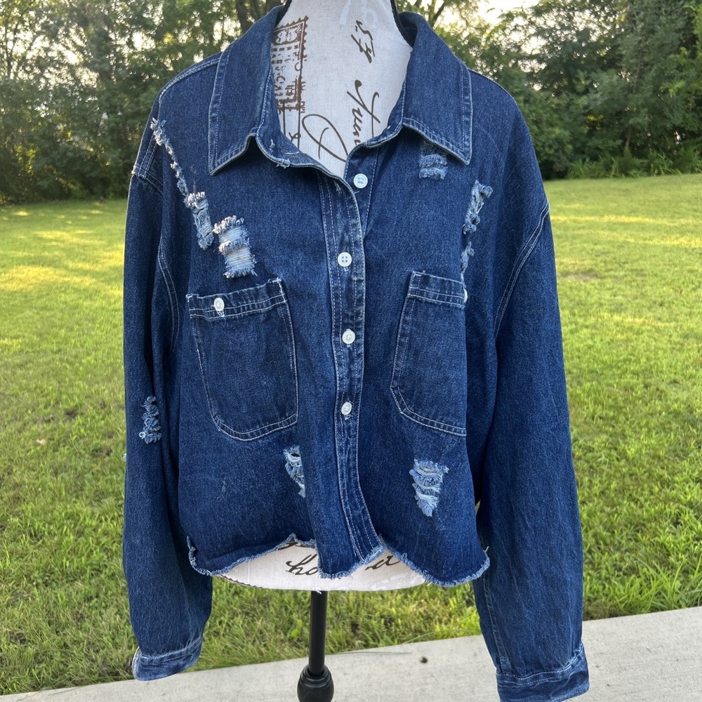 Indigo Thread Co Denim Jacket Fashion Ripped Women's Distressed Boho 3X‎